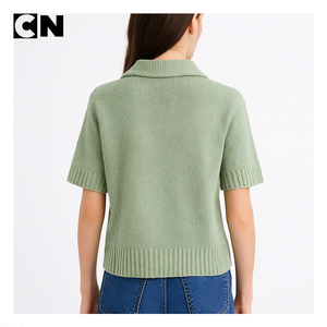 BSCI Certification Knitwear Manufacturer Custom <b>Women</b> Elegant <b>Short</b> <b>Sleeve</b> Polo Neck Green <b>Cardigan</b> Sweater For Spring Autumn - Product Image 3