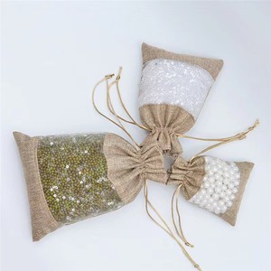 Sac de rangement pour bonbons en toile de jute avec cordon de serrage et fenêtre transparente, sacs cadeaux à cordon en toile de jute, sacs pochettes en <span class=keywords><strong>organza</strong></span> avec fenêtre - Product Image 3