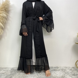 1963 #   Abaya noire à manches larges de qualité supérieure avec dentelle florale pour femmes musulmanes, Eid 2023 - Product Image 2