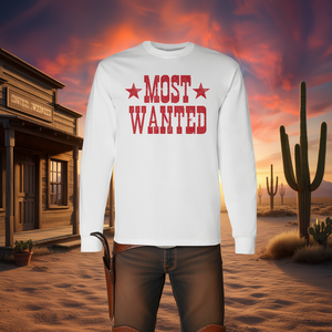 Camiseta de manga larga Most Wanted, estilo vaquero del oeste, para conciertos, atuendo de vaquera - Product Image 1