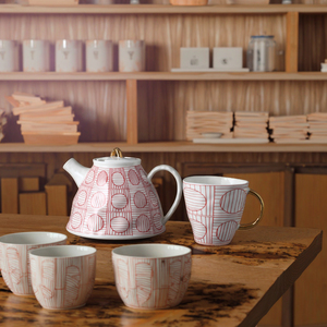 Set da Tè e Caffè in Stile Giapponese in Porcellana Ecologica, <span class=keywords><strong>Teiera</strong></span> <span class=keywords><strong>Rossa</strong></span> con Logo Personalizzato, 6 Tazze e Piattini, Tazze da Tè Dorate per Cerimonia del Tè - Product Image 4