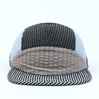Casquette de camping 5 panneaux patchwork, motif multi-quadri et rayures, bordure en tissu froissé, style rétro urbain, personnalisable avec logo, vente en gros