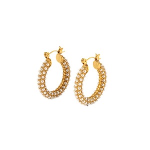 Pendientes de Aro de Acero Inoxidable con Oro de 18K, Incrustaciones de Zirconio y Perla, Diseño Geométrico Redondo, Joyería para Fiestas - Product Image 5