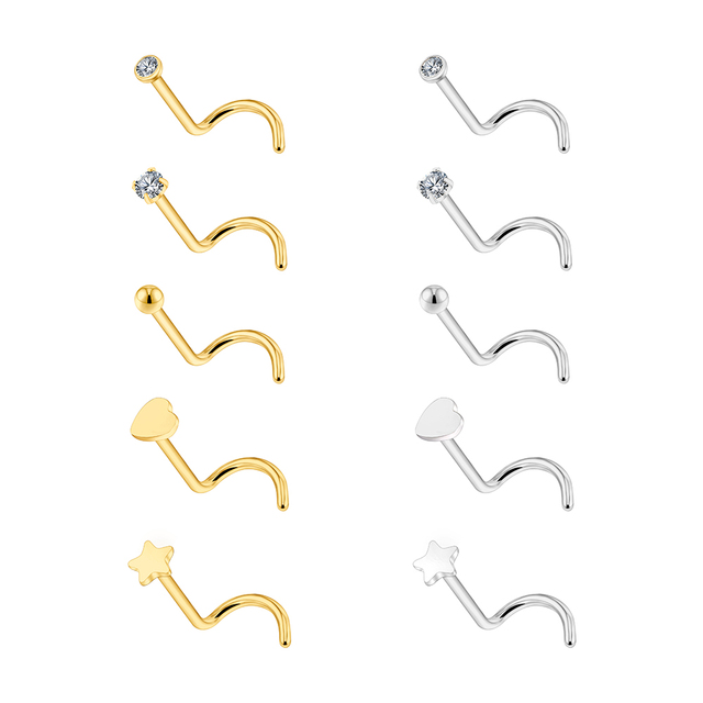 Right Grand ASTM F136 Titanium 20G Nose Stud Ring Hypoallergenic CZ/Ball/Heart/Star Corkscrew Nose Nostril Body Piercing Jewelry