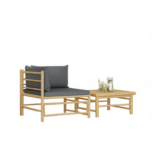 Ensemble de salon de jardin en bambou, taille moyenne, coussin gris foncé, mobilier d'extérieur, style tropical, résistant aux intempéries - Product Image 1
