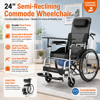 Fauteuil roulant manuel multifonctionnel peu encombrant avec coussin double lavable, plateau pour cuvette, repose-jambes réglable et roues solides de 24 pouces