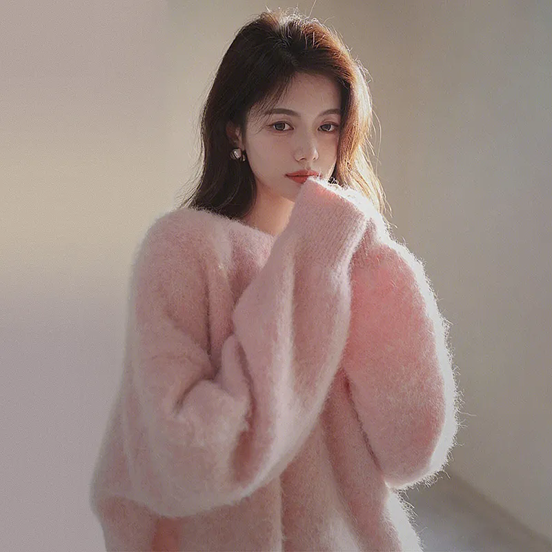 Milk soft pink Christmas sweater women's autumn and winter loose and languid style Hong Kong style vintage chic thick knit