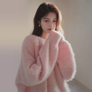 Lait doux rose <span class=keywords><strong>pull</strong></span> <span class=keywords><strong>de</strong></span> noël femmes automne et hiver Style ample et languissant Style Hong Kong Vintage <span class=keywords><strong>Chic</strong></span> tricot épais - Product Image 1