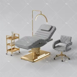 Lit de beauté moderne en tissu rouge pour salon, base dorée de luxe, mobilier de salon, lit cosmétique pour cils avec chariot - Product Image 6