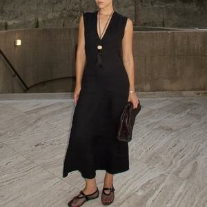 Vestido Largo Casual de Lino sin Mangas con Cuello en V para Mujer, Estilo Lápiz, Moda para el Trabajo, Venta al por Mayor Personalizada 2026 - Product Image 1