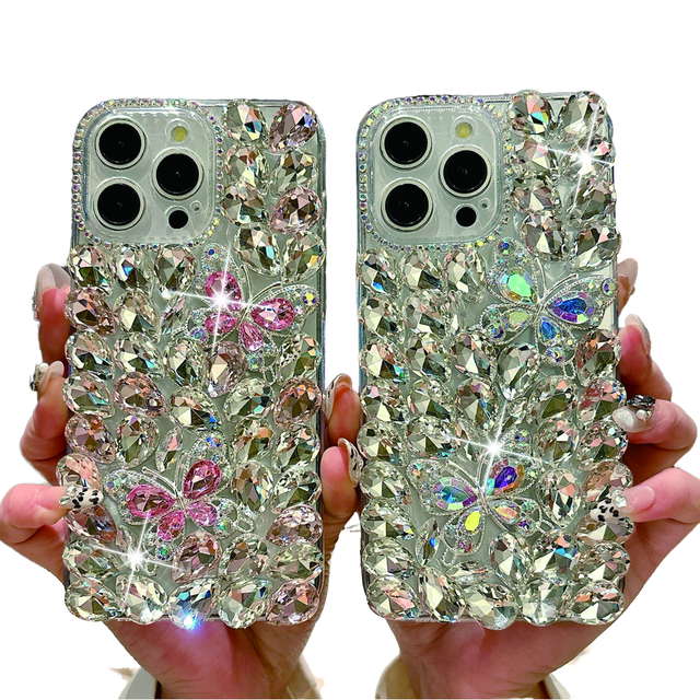 Luxury Bling Glitter Diamond Butterfly TPU Phone Case for 11 12 13 14 15 16 Pro Max Fashion Rhinestone Handmade Girly Cover