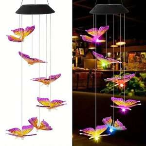 1PC carillons éoliens extérieurs papillon violet alimentés par panneau solaire lumière blanche chaude certifiée ROHS changement de couleur décorative - Product Image 1