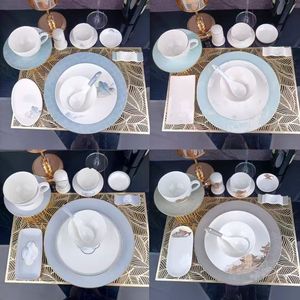 Service de table élégant en porcelaine fine à texture marbrée, faible MOQ, avec bord bleu, assiettes, bols et tasses à café en céramique pour banquets et restaurants - Product Image 6