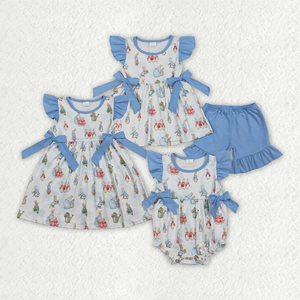 Ropa Infantil de Pascua al por Mayor, Conjunto de Pantalones Cortos Azules con Estampado de Conejo para Niñas, Ropa para Niñas Pequeñas - Product Image 1