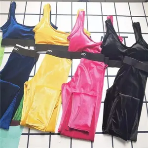 Conjunto de 2 piezas deportivo de terciopelo cómodo personalizado para mujer, color sólido, Sexy, ajustado, sujetador de diseñador, Top y mallas, ropa de yoga para fitness