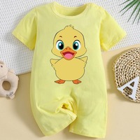 Romper Bayi Sangat Populer Motif Bebek 100% Katun Kuning Lengan Pendek Jumpsuit Kancing Tekan di Selangkangan untuk Bayi Laki-laki Perempuan