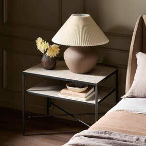 Babylon Nightstand A slim spare <b>frame</b> of <b>hammered</b> gunmetal pairs with natural metal for a clean and timeless nightstand look. - Product Image 1