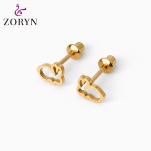 316L Stainless Steel PVD 18K Gold Plated Screw <b>Back</b> Stud <b>Earrings</b> Heart Engraved Letter Hypoallergenic Minimalist for Women - Product Image 4