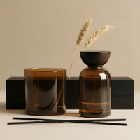 Flacon diffuseur de parfum d'ambiance de luxe en verre ambré rond de 120 ml, 150 ml, 200 ml avec couvercle en bois, personnalisable, avec boîte cadeau, vente en gros