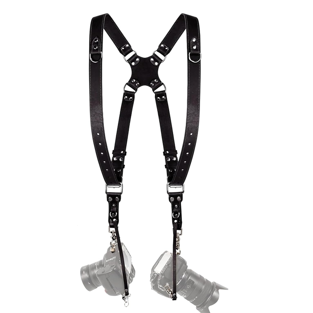 Dual Shoulder Leather Camera Harness Strap with Phone Holder Secure OEM Security for Travel Vlogging 2 Cameras Compatibility