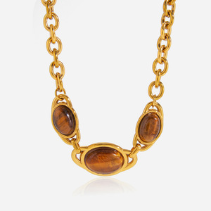 Collier œil de tigre, chaîne géométrique ovale, bijoux en acier inoxydable pour femmes, cadeau, accessoire pour pull automne-hiver - Product Image 1