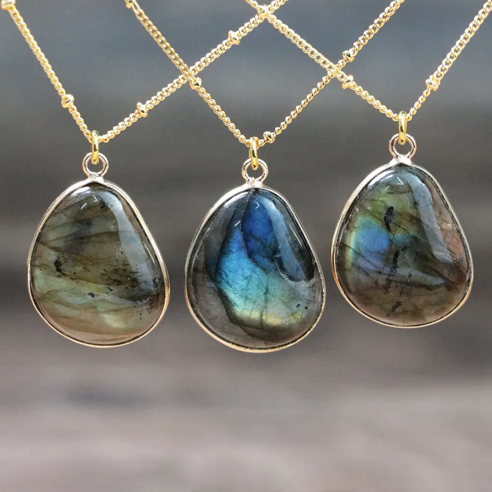 LS-A462 शानदार कच्चे रत्न labradorite पत्थर श्रृंखला हार सोने चढ़ाना नाशपाती के आकार के साथ सोने का हार नवीनतम डिजाइन