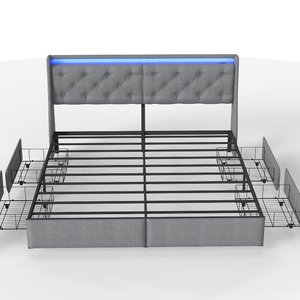 Cadre <span class=keywords><strong>de</strong></span> <span class=keywords><strong>lit</strong></span> moderne King Size rembourré avec lumières LED RGB, station <span class=keywords><strong>de</strong></span> charge, tête <span class=keywords><strong>de</strong></span> <span class=keywords><strong>lit</strong></span> avec rangement et 4 tiroirs, plateforme métallique robuste - Product Image 3