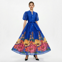 Robe décontractée personnalisée pour femme, style bohème, imprimé numérique rétro floral, coupe longue ajustée, col en V, manches bouffantes, grande jupe évasée