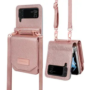 VIETAO Rose Gold Color Flip 4 Leather Phone Case Wallet With Shoulder Strap For Samsung Galaxy Z Flip 4 3 Case With Card Holder