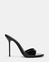 Mules à talons aiguilles en cuir verni noir pour femmes - Chaussures de soirée à bout ouvert à enfiler