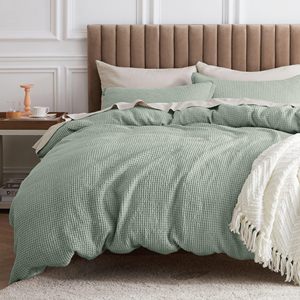 100% Cotton <strong>Waffle</strong> Weave Green <strong>Duvet</strong> <strong>Cover</strong> Set King Size Soft and Breathable <strong>Duvet</strong> <strong>Cover</strong> for All Season - Product Image 2