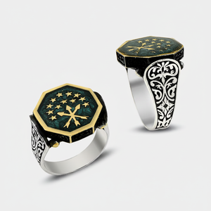 925K Sterling Silver Green Enamel Art Circassian <b>Men</b> <b>Ring</b> - Product Image 2