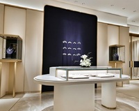 Îlot de présentation de bijoux ovale blanc et or de luxe avec éclairage LED, vitrine en verre haut de gamme pour les bijouteries haut de gamme
