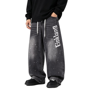 Vaqueros holgados vintage grises para hombre, estilo skater, hip hop, pantalones de mezclilla sueltos con estampado gráfico, lavado blanqueado, algodón pesado, ropa urbana. - Product Image 5