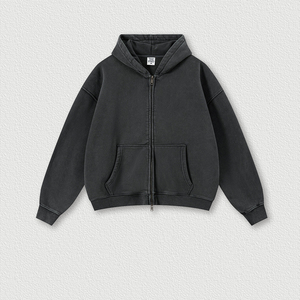 Sudadera con capucha y cremallera para hombre, efecto desgastado, con cremallera bidireccional, forro polar vintage, tipo cárdigan, peso pesado 400GSM, cálida e informal - Product Image 2
