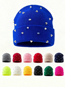 Wholesale Custom High Quality Punk Style Rivet Knit <b>Beanie</b> Spike Studs Cuffed Winter Warm <b>Blue</b> Unisex - Product Image 2