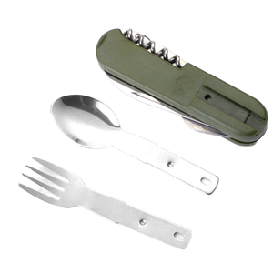 Ensemble de couverts multifonctionnels portables en acier inoxydable pliable en trois parties, couteau, fourchette et cuillère, pour le camping et les dîners en plein air - Product Image 1