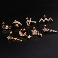 Nouvel arrivage de luxe en acier inoxydable plaqué rhodium vague croisée lune étoile forme cristal gemme CZ oreille Tragus Daith Helix Rook Snug