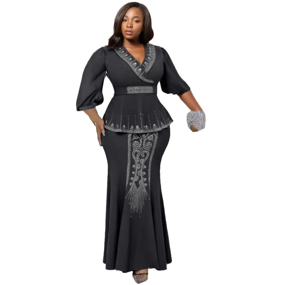 Vestido africano de talla grande C0902ME6, mujer elegante con cuentas, falda de dos piezas, conjunto de sirena, Sehe Fashion