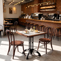 Table de salle à manger commerciale vintage Iron Master en grès rétro, style industriel américain du milieu du siècle, avec plateau en pierre et bois massif pour restaurants