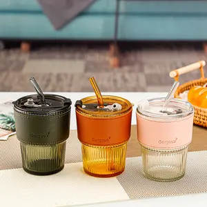 Ice Coffee Glass Tumbler 14OZ/420ML,Glass Straw Cup,Glass Coffee Mugs with  Bouble Drink Design ,Portable Coffee Mug Cold Drink Mug or Hot Drink Mug