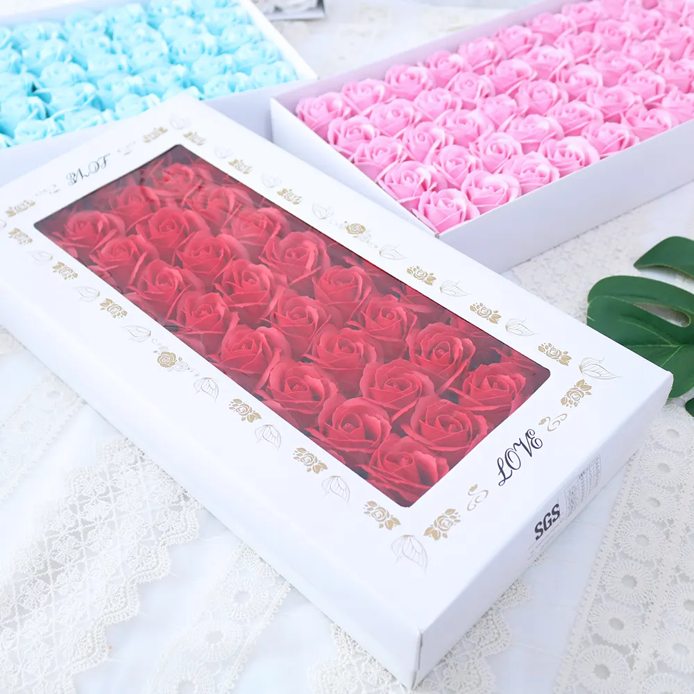 Fleur de bain artificielle 50pcs par boîte rose 3 couches fleurs de savon 5cm tête mousse savon fleur roses pour mariage et saint valentin