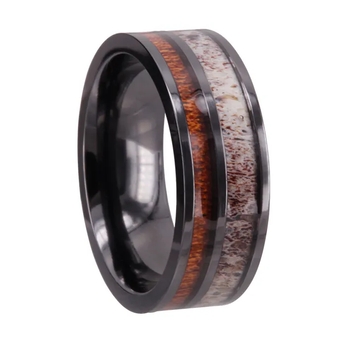 Cheng Juweliers Wholesales 8Mm Hoog Gepolijst Hert Gewei En Hout Inlay Zwarte Keramische Ringen Voor Mannen