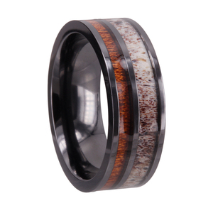 CHENG JEWELERS VENTA AL POR MAYOR Anillo de Bodas de cerámica negra de 8mm con asta de ciervo e incrustaciones de madera - Product Image 1