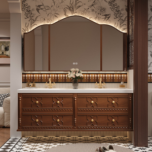 Ensemble de meubles de salle de bain en bois de chêne de style médiéval, résistant à l'eau, avec <span class=keywords><strong>double</strong></span> <span class=keywords><strong>vasque</strong></span>, meuble-lavabo pour hall, hôtel, luxe haut de gamme - Product Image 1
