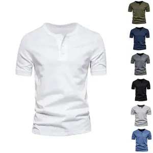 Ukuran US kaus lengan pendek berkancing 210GSM katun bambu leher bulat pria T-shirt santai pas untuk olahraga lari Henley