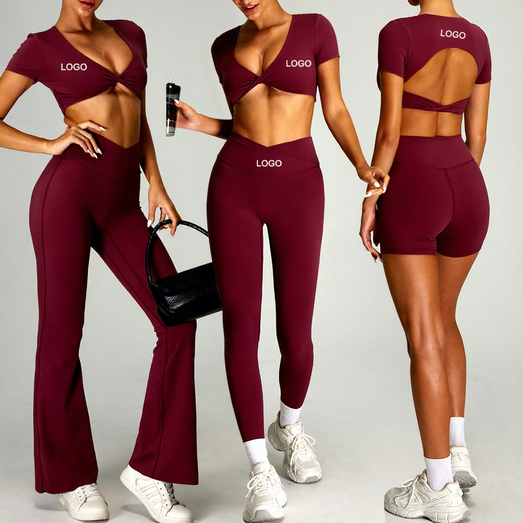 New Activewear Top Quick Dry V Neck Yoga Short Sleeve Hollow Out Beauty Back Tight Leggings Gym Fitness Work Out Sets for Women