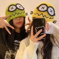 Gorro de lana tejido divertido y lindo con diseño de robot, en contraste de color, para mujer, estilo caricatura, cálido, para otoño/invierno, con protección para las orejas, para estudiantes.