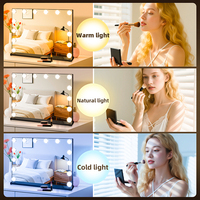 Miroir de Maquillage de Table avec Éclairage LED, 14 Ampoules à Intensité Réglable par Touche, Grossissant, Finition Noir-Argent, Taille Personnalisable, Métal+Verre