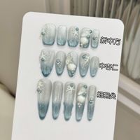 Marque privée 10 pièces Faux ongles à presser en acrylique faits main, motif fleur 3D, style chinois, effet œil de chat et paillettes